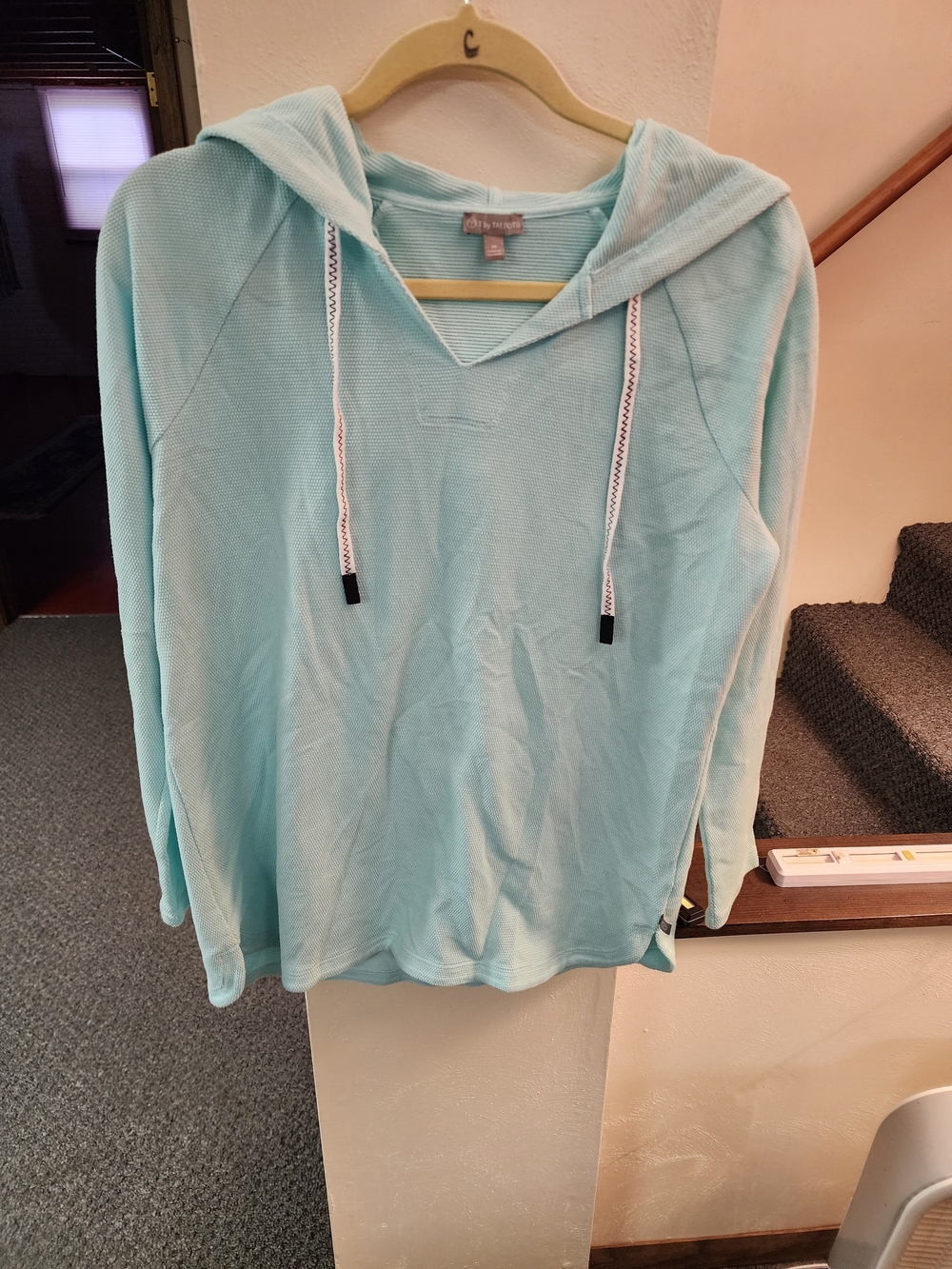 Talbots Light Aqua Hooded Knit Sweater Sz M